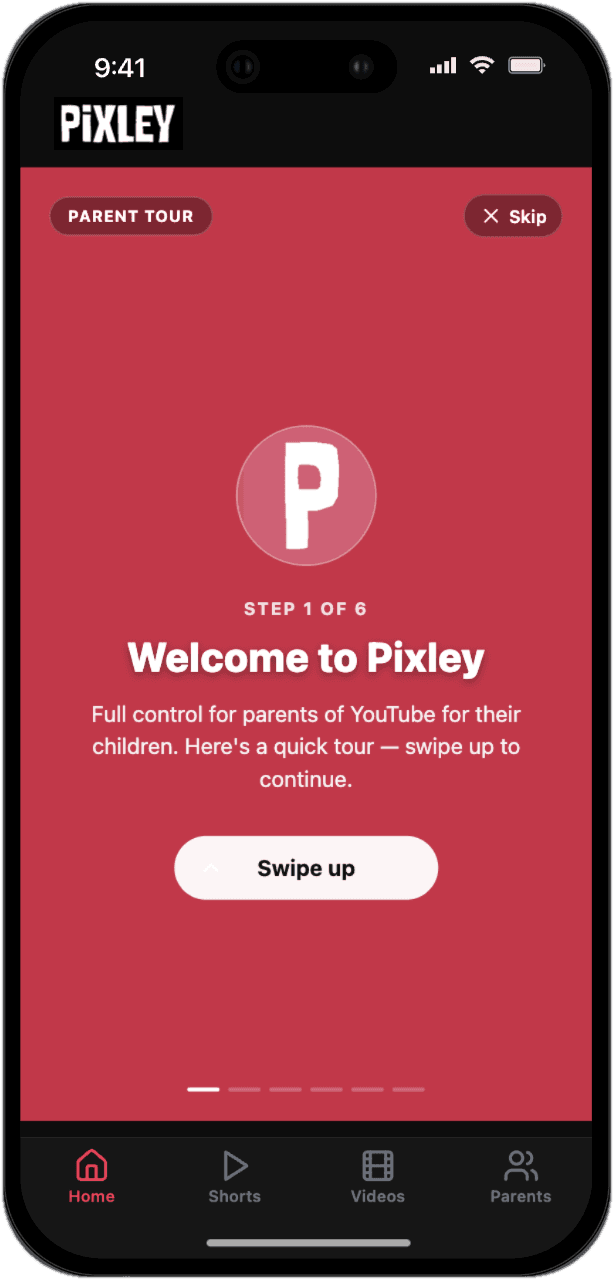 The Pixley parent tour onboarding screen welcoming a new parent