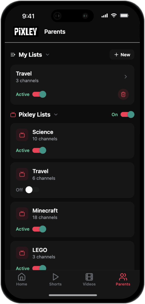 The Pixley Parents control panel showing My Lists and Pixley Lists with toggles for Science, Travel, Minecraft, and LEGO