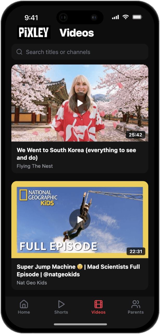 The Pixley Videos library on a phone, showing parent-approved videos from Flying The Nest and Nat Geo Kids